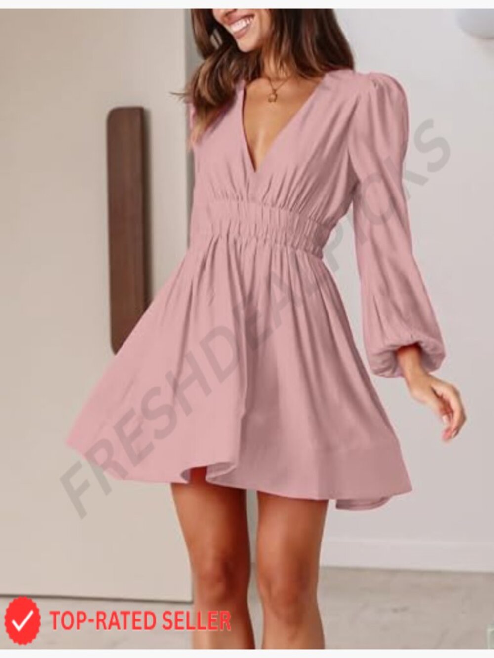 Mini Deep V Long Sleeve A-Line Flowy Dress for Wedding Guest Cocktail Party - Picture 3 of 6
